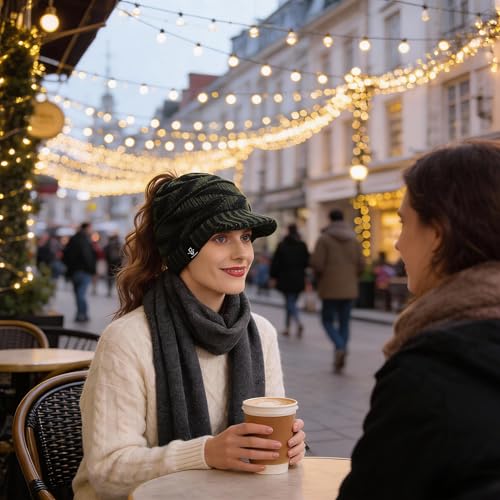 Women's BeanieTail Warm Knit Hat Messy High Bun Ponytail Visor Beanie Cap - color: B341-green, size: Medium