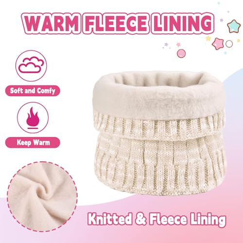Kids Winter Hat Gloves Scarf Set Girls, Children Beanies Hats with Pom Pom - color: Beige Mix