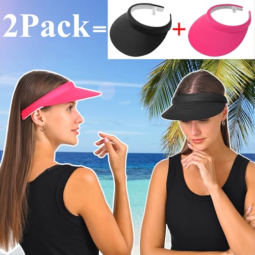 2 Pack Visor Women Men Sun Hat Clip On Visors Adjustable Sport Wide Brim Cap - color: Black , Rose Red
