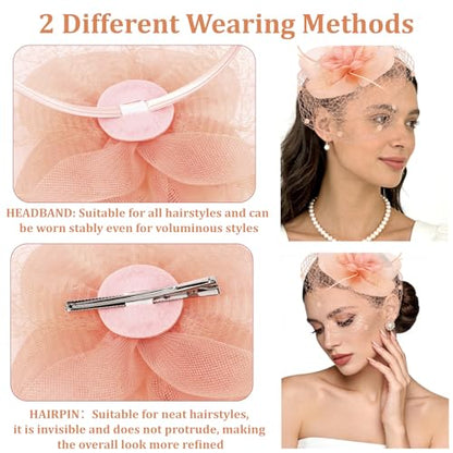Semato Fascinators Hats for Women Mesh Feathers Elegant Peach Pink Tea Party Kentucky Hat Derby Headband with Hair Clip - color: Peach Pink