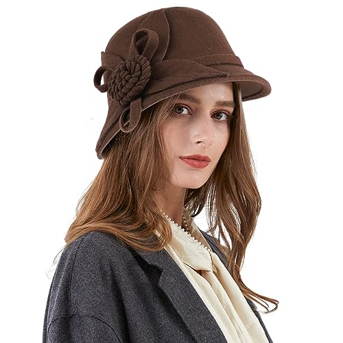 Ladies Wool Felt Bucket Hat Women Vintage Cloche Fedora Winter Church Bowler Hat with Bow - color: Brown Rose