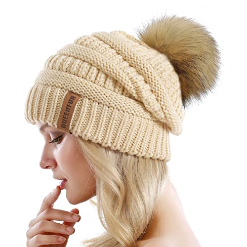 Women Knit Slouchy Beanie Chunky Baggy Hat with Faux Fur Pompom Winter Soft Warm Ski Cap - color: A1-beige 2