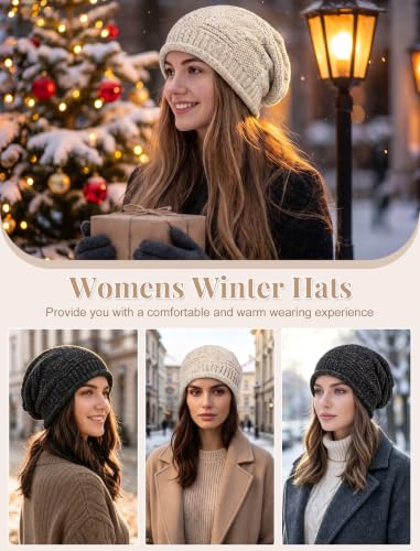 Senker Fashion 2 Pack Winter Beanie Hats for Women, Womens Slouchy Beanies - color: Mixed Beige Mixed Black