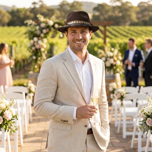 Home Prefer Men's Wool Felt Winter Hat Short Brim Fedora Hat with Feather - color: Coffee Ring Necked Feather
