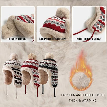 haozaikeji Women Winter Trapper Hat Faux Fur Knit Beanie Hat Thermal Earflap Outdoor Cap Pompom Hats Ushanka Hats - color: Red