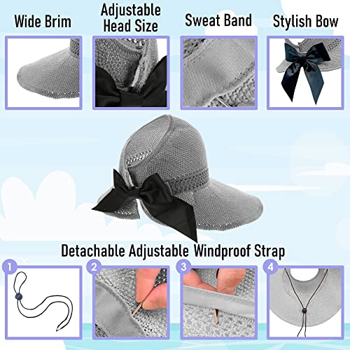 Straw Sun Visor for Women, Wide Brim UPF 50+ Protection Beach Hat, Adjustable, Roll Up Foldable Ponytail Cap with Chin Strap - color: A Light Grey