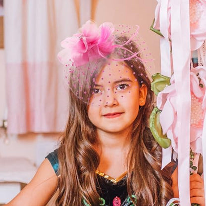 Zinniday Girls Tea Party Hat - Mini Pink Derby 2026 Feather Mesh Fascinators with Hair Clip, Kentucky 1920s 50s Victoria Headwear for Lady Women Girl Cocktail Costume Church Holiday Party Dress Up - color: Pink