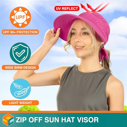 SUN CUBE Womens Sun Hat UV Protection Wide Brim Zip-Off Golf Visor - color: Rose