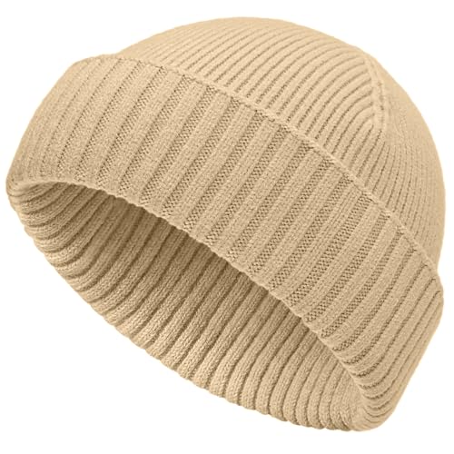 vidsel 50% Wool Double Cuff Beanie Hat for Men Women, Warm Winter Knit Cap - color: Apricot
