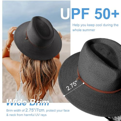 DRESHOW Womens Summer Straw Sun Hat Wide Brim Bucket Hats Fedora Hat Panama Beach Hat with Chin Strap UPF 50+ - color: 1 Pc Panama Fedora: Black