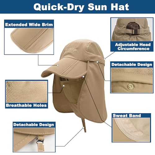 Surblue Baseball Sun Cap with Removable Neck Flap and Face Mask UPF 50+ - color: Khaki, size: Medium