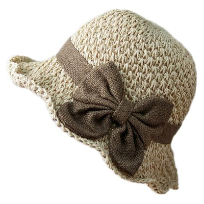 Women Wide Brim Floppy Straw Hats Beach Sun Hat Summer Cap with Bowknot UV Hat Sunhats Cloche Hat Strap Adjustable - color: Beige