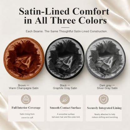 3 Pack Satin Lined Beanies for Men and Women Silk Warm Cuffed Winter Hats - color: Black+brown+dark Grey