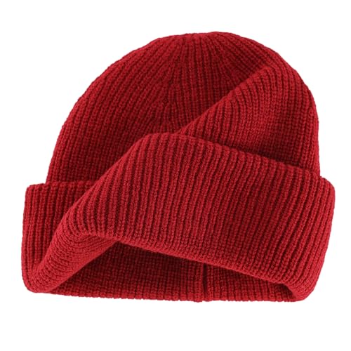 Connectyle Short Fisherman Beanie for Men Women Warm Winter Hats Knit Cuffed Beanies Skull Cap Acrylic Watch Hat - color: Dark Red