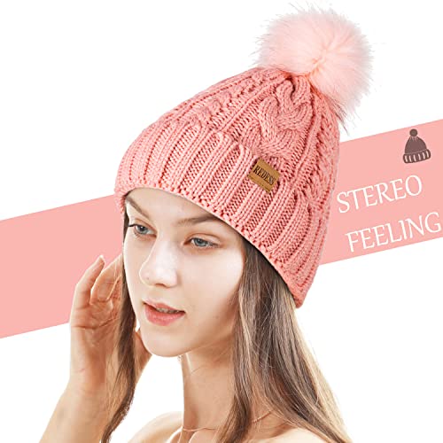 REDESS Women Winter Pompom Beanie Hat with Warm Fleece Lined Thick Slouchy Snow Knit Hat Skull Ski Cap - color: Pink