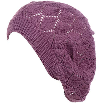 an Womens Lightweight Cut Out Knit Beanie Beret Cap Crochet Hat - Many Styles - color: 2681purple