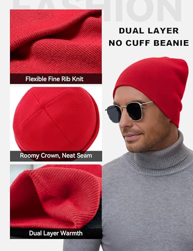 ROYBENS 100% Cotton No Cuff Beanie Hat Men Women, Fisherman Skull Cap - color: Red
