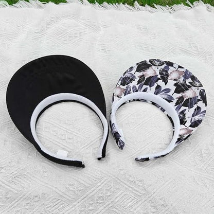 2 Pack Visor Women Men Sun Hat Clip On Visors Adjustable Sport Wide Brim Cap - color: Black, Leaves