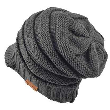 Ruphedy Mens Beanie with Brim Winter Hat Knitted Thick Fleece Visor Beanie - color: B320-grey