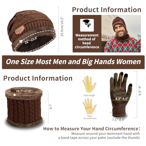 MAYLISACC Winter Knit Beanie Hat Neck Warmer Scarf and Touch Screen Gloves Set 3 Pcs Fleece Lined Skull Cap for Men Women - color: Brown--3 Pcs--(hat+scarf+gloves)