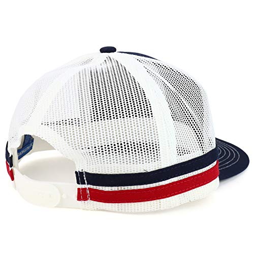 Trendy Apparel Shop Two Striped Flatbill Snapback Trucker Mesh Cap - color: Rich Navy Flame Red