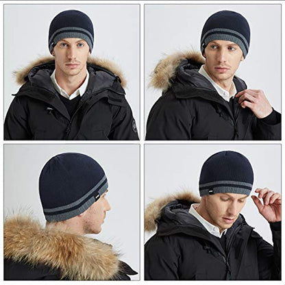Mens Winter Beanie Hat Warm Knit Cuffed Plain Toboggan Ski Skull Cap (3 Patterns) - color: A4-navy