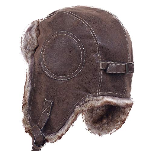 Janey&Rubbins Russian Hat Fur Soviet Ushanka Cossack Winter Cap Earflap Snow Ski Headwear - color: A - Brown/Leather, size: Large