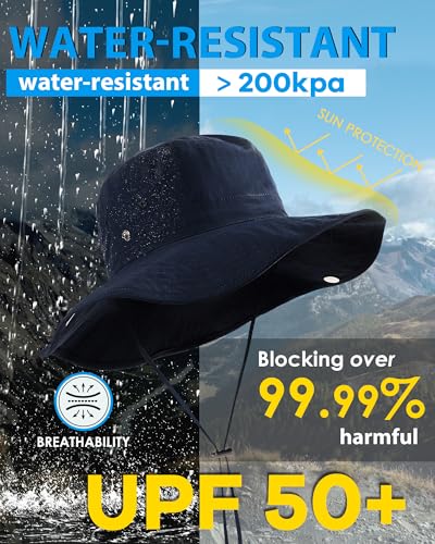 Wide Brim Waterproof Bucket Rain Hat for Women Men UPF50+ Cowboy Sun Hat - color: Navy Blue