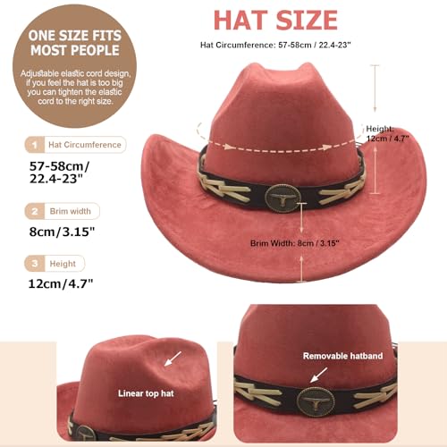 Western Cowboy Hat for Women Men with Band Wide Brim Suede Cowboy Cowgirl Hat Western Style Hat - color: Brick-red