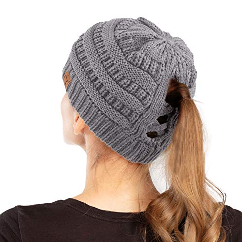 C.C Exclusives Soft Stretch Cable Knit Messy Bun Ponytail Beanie Winter Hat for Women (MB-20A) - color: 0 Criss-cross Lt Mel Grey