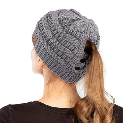 C.C Exclusives Soft Stretch Cable Knit Messy Bun Ponytail Beanie Winter Hat for Women (MB-20A) - color: 0 Criss-cross Lt Mel Grey
