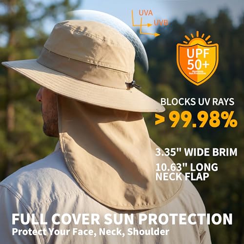 Connectyle Wide Brim Sun Hat for Men Women UPF 50+ Breathable Fishing Hat with Neck Flap Outdoor Hiking Safari Bucket Hats - color: Light Khaki