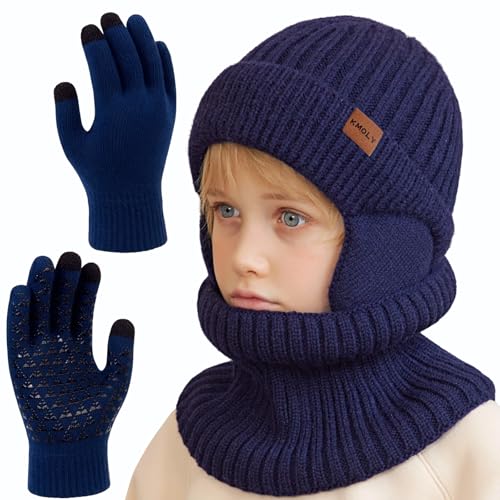 Kids Winter Beanie Hat Scarf Gloves Set 4-10Y, Knit Hat With Earmuffs Neck Gaiter Fleece Lined Touchscreen Gloves Boys Girls - color: Navy Blue