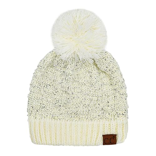 C.C Sequin Pom Beanie for Women - Acrylic Stretchable Soft Warm Knit Winter Skully Hat with Yarn Pom - color: Sequin-ivory / Silver