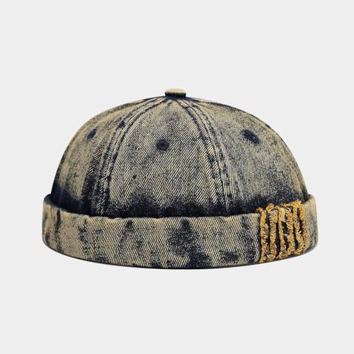 Unisex Washed Denim Distressed Rolled Cuff Brimless Docker Cap - color: Yellowish-blue