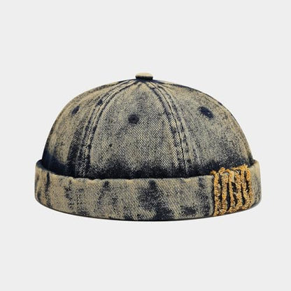 Unisex Washed Denim Distressed Rolled Cuff Brimless Docker Cap - color: Yellowish-blue