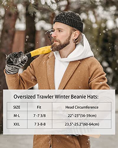 Zylioo XXL Brimless Beanie Hats,Large Knitted Trawler Skull Cap,Winter Stretchy Docker Cap,Warm Rolled Cuff Harbour Hat - color: Gray, size: Medium-Large