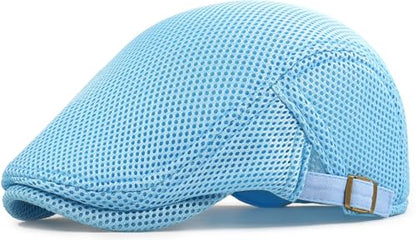 Xinveen Men's Mesh Cap Breathable Summer Newsboy Hat Adjustable Beret Ivy Cap Irish Cabbie Driving Hunting Hats - color: Turquoise Blue