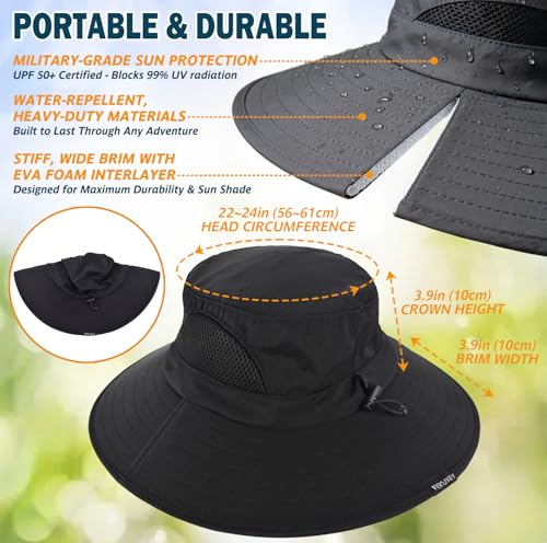 Wide Brim Sun Bucket Hat, Waterproof Boonie Hat for Men & Women - color: 01 Black