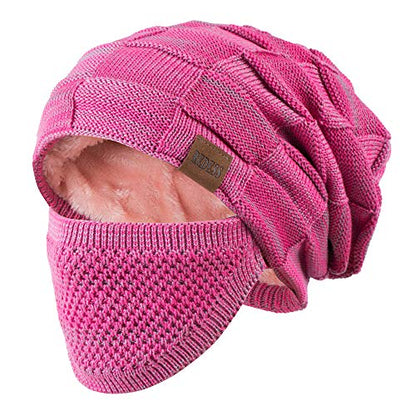 REDESS Beanie Hat for Men and Women Winter Warm Hats Knit Slouchy Thick Skull Cap with Face Cover - color: D7 Rose Red