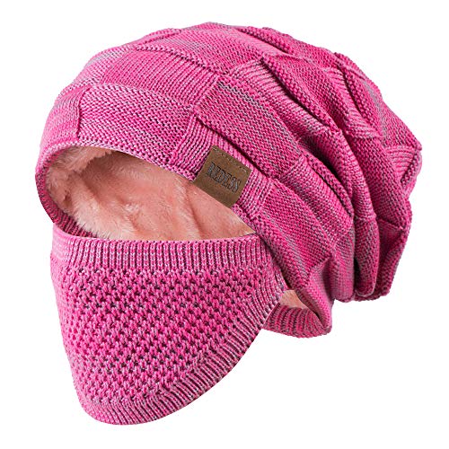 REDESS Beanie Hat for Men and Women Winter Warm Hats Knit Slouchy Thick Skull Cap with Face Cover - color: D7 Rose Red