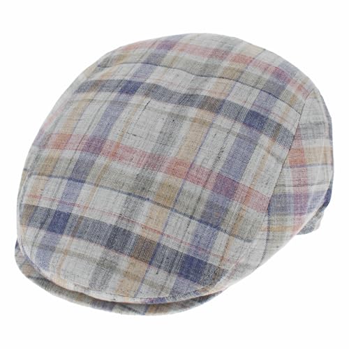 Hats in the Belfry Italia Men's Flat Cap, 100% Linen, Blue Brown Cream Plaid, Made in Italy, Newsboy Style, Casual Wear - color: Pink Plaid, size: Medium
