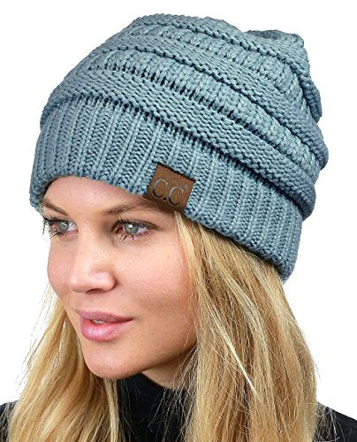 C.C Unisex Chunky Soft Stretch Cable Knit Warm Fuzzy Lined Skully Beanie - color: Denim