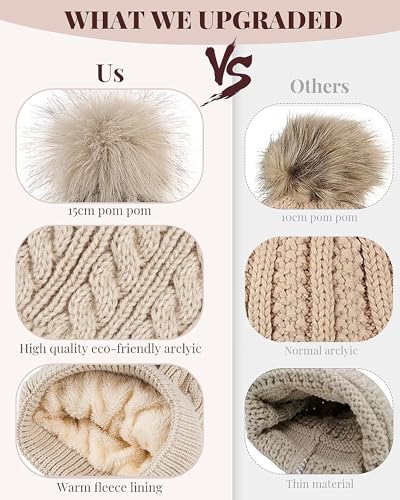 Alepo Womens Winter Beanie Hat, Warm Fleece Lined Knitted Soft Ski Cuff Cap with Pom Pom - color: White