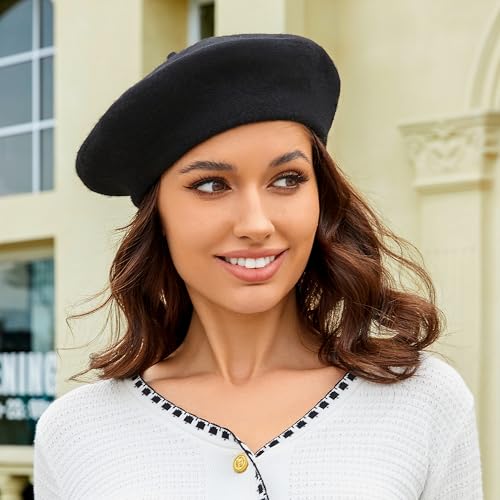 Wheebo Wool Beret Hat,Solid Color French Style Winter Warm Cap for Women Girls Lady - color: Black