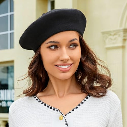Wheebo Wool Beret Hat,Solid Color French Style Winter Warm Cap for Women Girls Lady - color: Black
