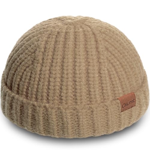 Fisherman Short Beanie Hats for Men, Knit Skull Cap Cuff Trawler Hat Mens Stylish Watch Cap Winter Warm Hat for Daily Wear - color: Khaki