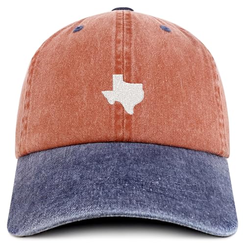 Trendy Apparel Shop Texas State Map Embroidered Washed Cotton Adjustable Cap - color: Orange Navy