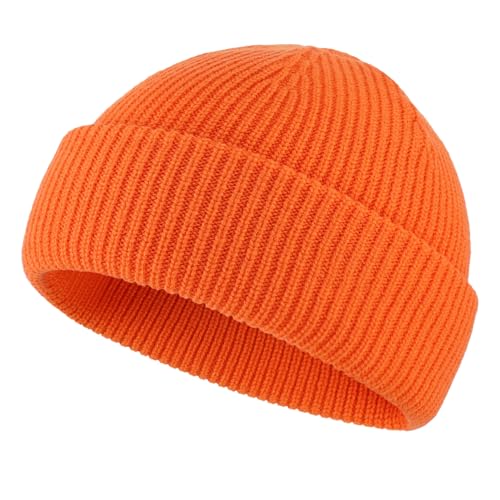 Connectyle Short Fisherman Beanie for Men Women Warm Winter Hats Knit Cuffed Beanies Skull Cap Acrylic Watch Hat - color: Orange
