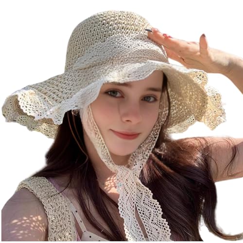 Ladies Wide Brim Beach Straw Hat Summer Vacation Sun Protection Hat Braided Lace Edge Hat Soft Foldable Lightweight - color: Beige